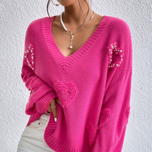 Sweaters - Hot Pink Casual Women's Pearls Heart Detail V-Neck Drop Shoulder Sweater